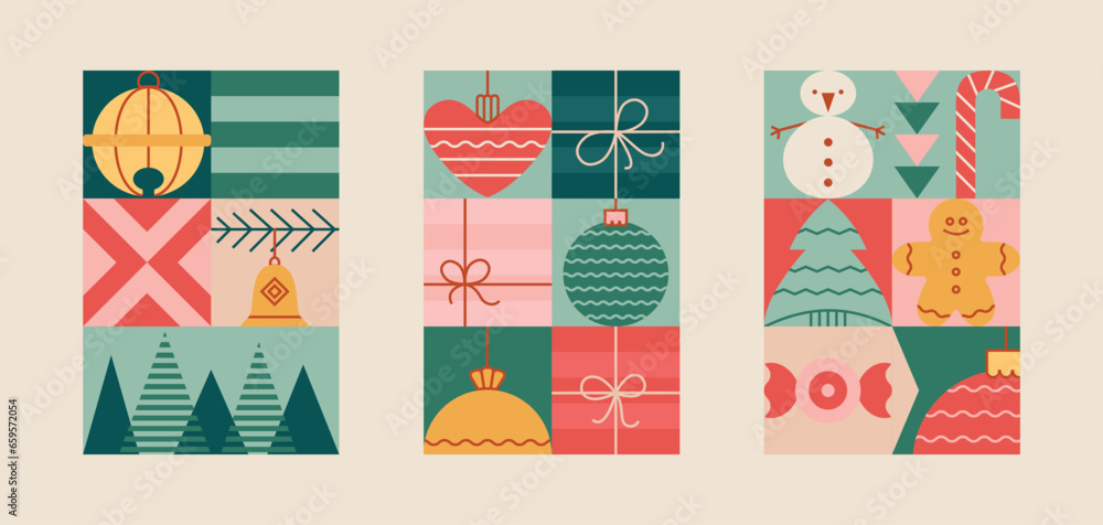 Merry Christmas and Happy New Year greeting card, poster set. Trendy modern Xmas geometric design with gingle, snowman, gift, ball, candy