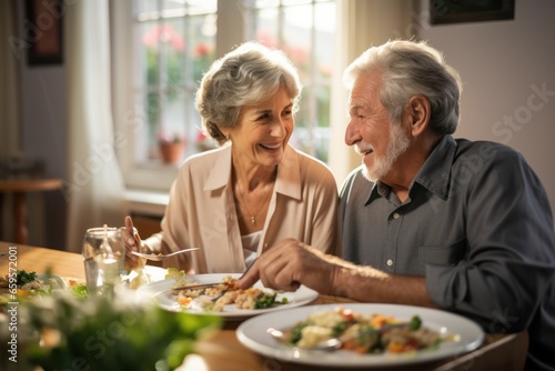 Food, retirement and a senior couple in an assisted living home while eating a meal for nutrition. Cute, love or smile with a happy elderly man feeding his wife in the dining room of a house photo