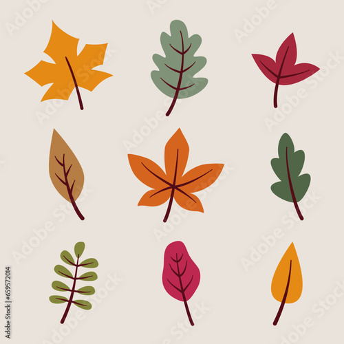 Colorful autumn leaves set in flat style. 