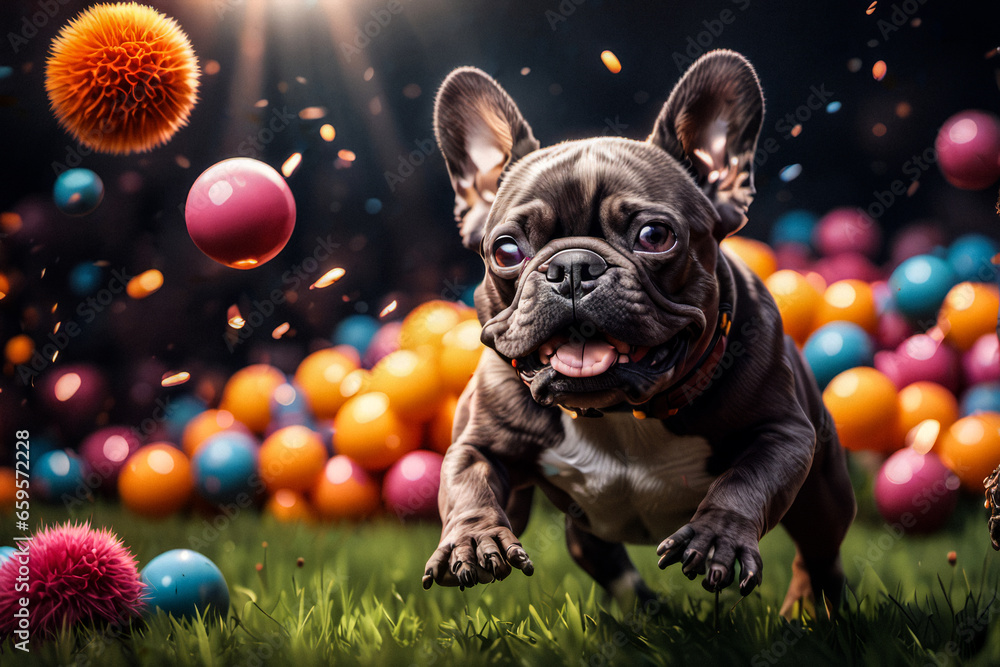 AI generated image of a cute small dog, French bulldog, Frenchie, posing and playing. He is surrounded with colorful balls, illuminated background, vivid, happy, joyful, playful.