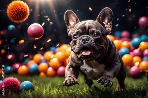AI generated image of a cute small dog, French bulldog, Frenchie, posing and playing. He is surrounded with colorful balls, illuminated background, vivid, happy, joyful, playful. © Maja