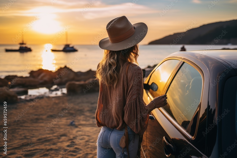 Young woman traveler istanding by her car during summer sea holiday on the beach at sunset