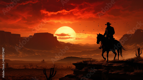 Silhouette of Cowboy riding horse at sunset