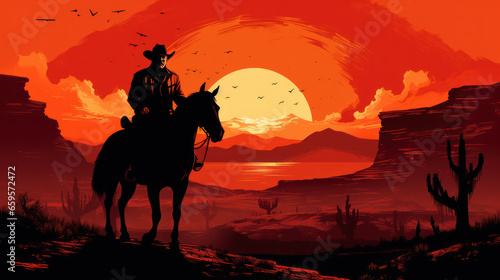 Silhouette of Cowboy riding horse at sunset