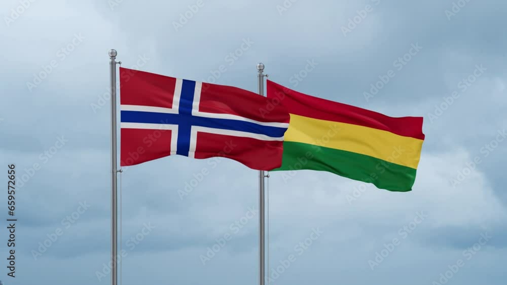 Bolivia flag and Norway flag waving together on cloudy sky, endless seamless loop, two country relations concept Bolivia flag and Norway flag waving together on cloudy sky, endless seamless loop, two country relations concept