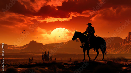 Silhouette of Cowboy riding horse at sunset © pariketan