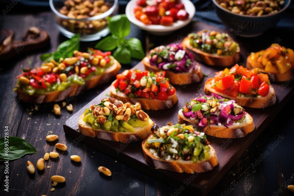 colorful array of bruschettas with varying amounts of pine nuts