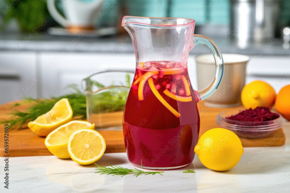 beetroot and carrot juice in a glass jug on a kitchen countertop beetroot and carrot juice in a glass jug on a kitchen countertop