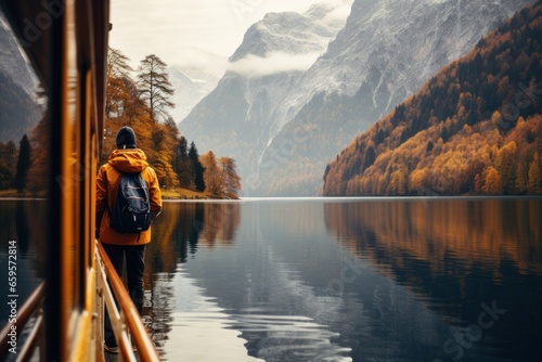 man photographing konigsee lake in alps in fall