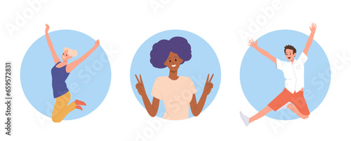 Happy positive excited people male and female cartoon characters round composition isolated set