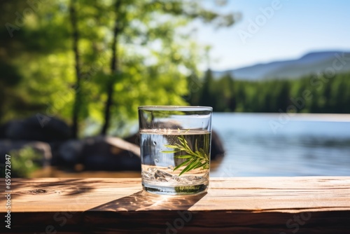 A refreshing glass of crystal clear water, glistening under the warm sunlight, placed on a rustic wooden table amidst a serene natural backdrop