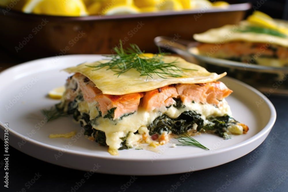 salmon lasagna with melting cheese on top salmon lasagna with melting cheese on top