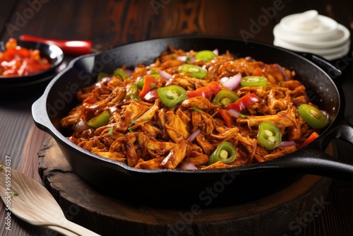 sizzling hot pulled chicken skillet with coating of bourbon bbq sauce © altitudevisual