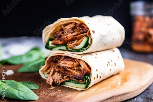tortilla wrap showing chunky bites of bourbon bbq pulled chicken inside