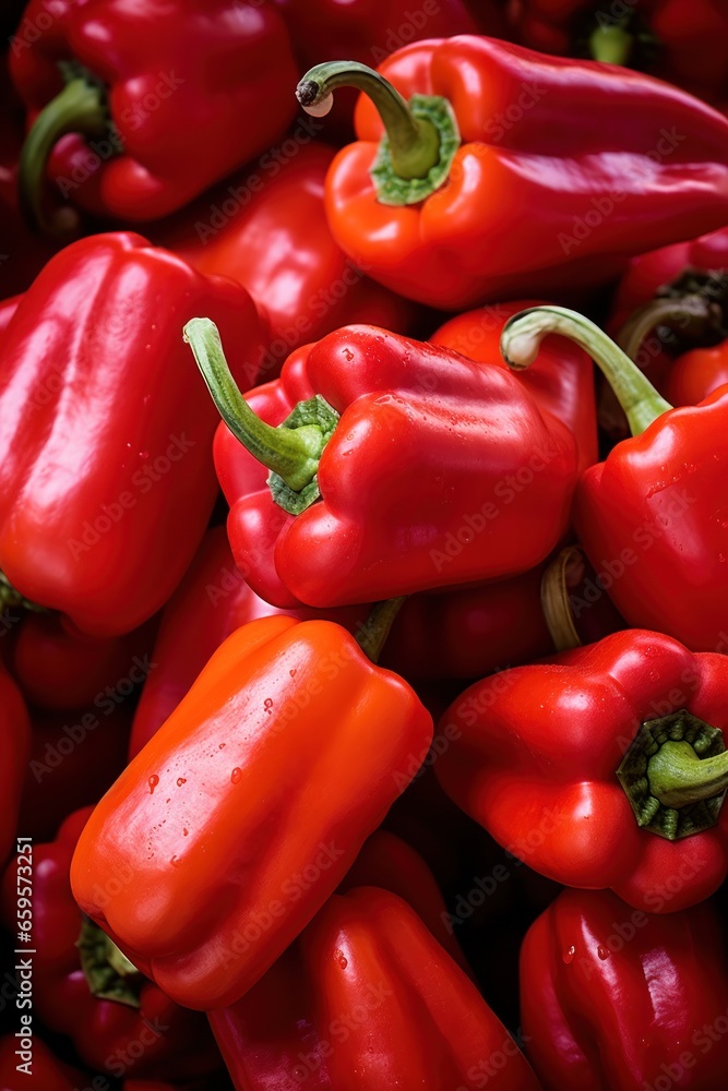 background grouping of red peppers in a farmer's market stand