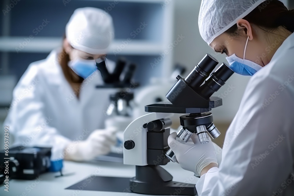 Scientists research microscope. Clinic equipment. Generate Ai Scientists research microscope. Clinic equipment. Generate Ai