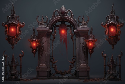Vampire gate game asset red lights. Wall cover. Generate Ai
