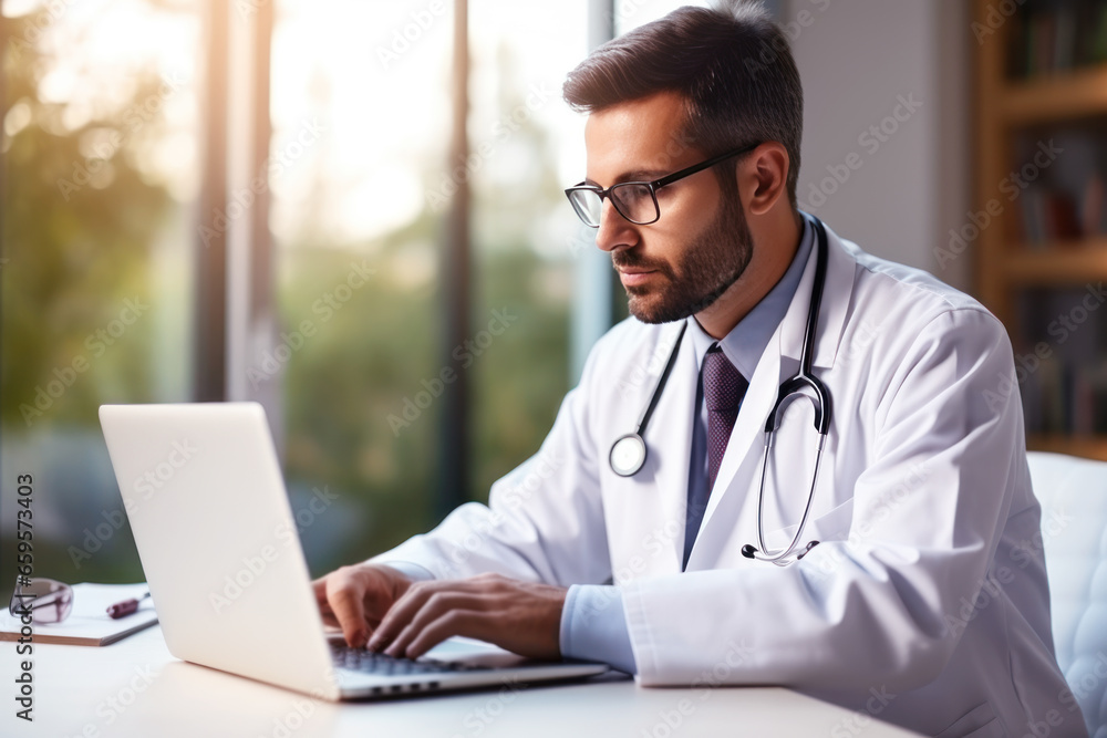 Smiling male doctor giving advice to patient via laptop video call