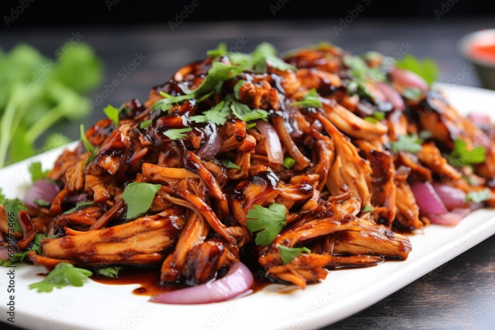 close view of bourbon bbq pulled chicken garnished with parsley close view of bourbon bbq pulled chicken garnished with parsley