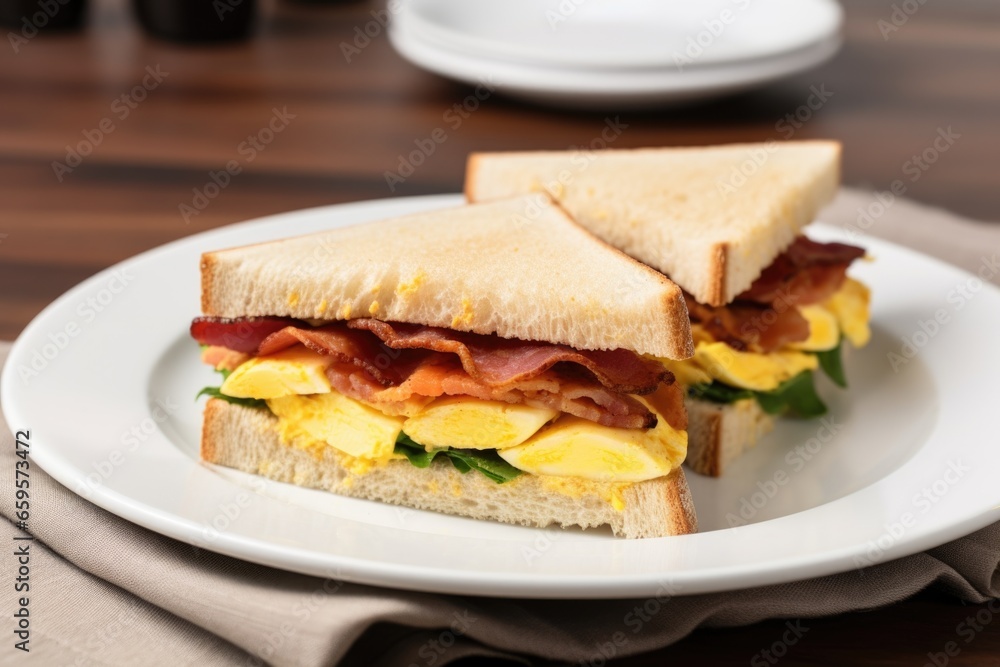 egg sandwich with bacon strips on a white plate egg sandwich with bacon strips on a white plate