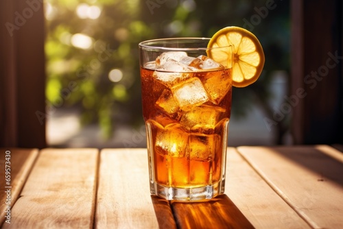 A refreshing glass of sweet tea, glistening with condensation, sits on a rustic wooden table in the warm afternoon sunlight, inviting a moment of relaxation