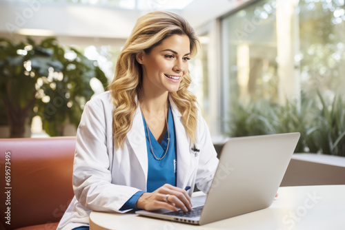 Smiling female doctor giving advice to patient via laptop video call