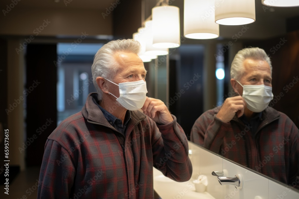 senior man adjusting protective mask looking in bathroom mirror