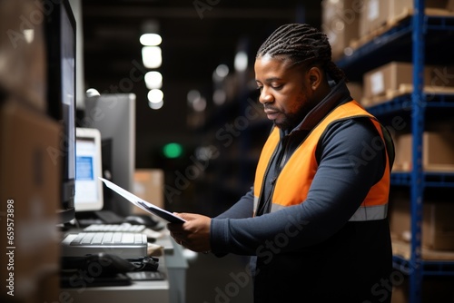 Stockroom supervisor looking at inventory report on computer, working at merchandise quality control in warehouse. African american employee preparing customers orders for shipping in storehouse