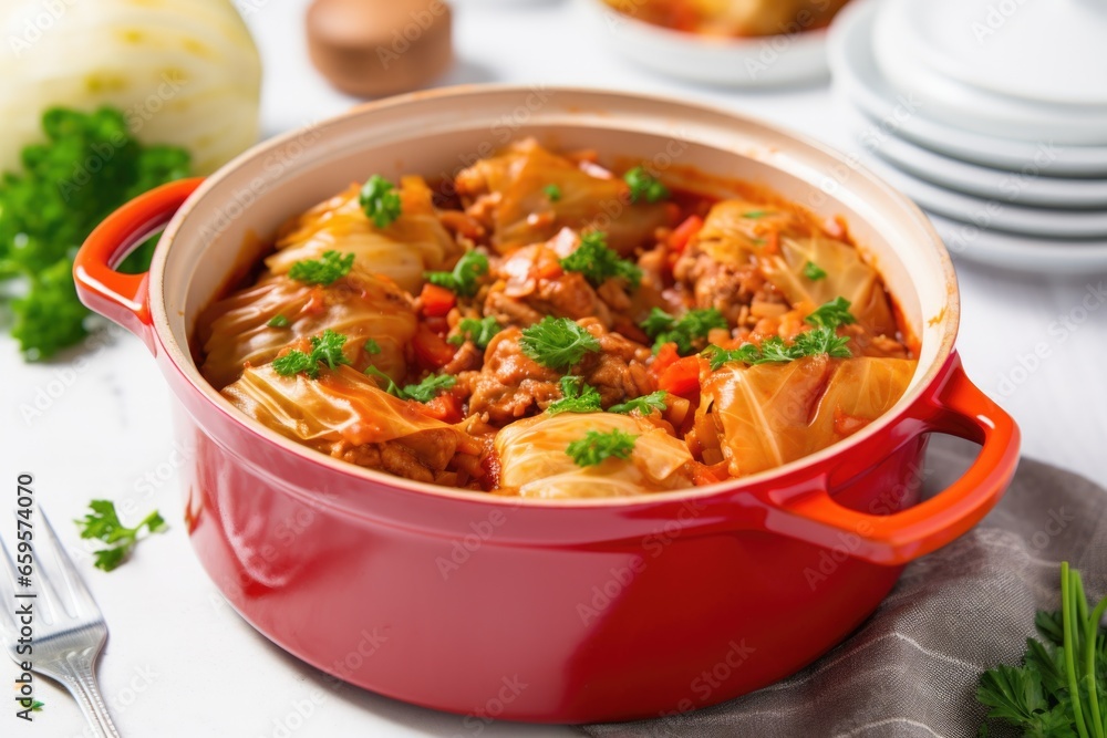 cabbage roll in a mini casserole dish with serving tongs cabbage roll in a mini casserole dish with serving tongs