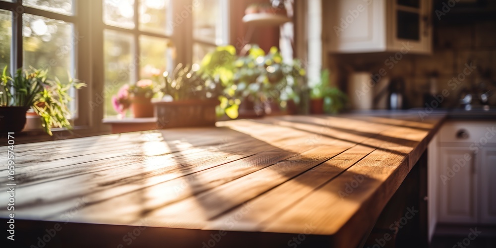 Sunlight streaming through the window illuminates a clean wooden kitchen table , concept of Warmth - obrazy, fototapety, plakaty 