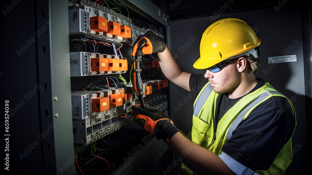 Electrician man installing a electric switchboard system. Construction industry, electrical system. 

