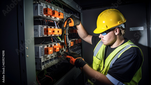 Electrician man installing a electric switchboard system. Construction industry, electrical system. 