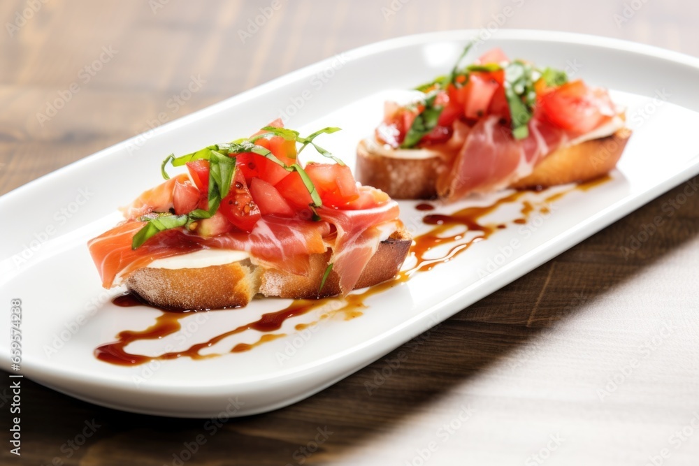 two prosciutto bruschetta pieces on a rectangular white plate two prosciutto bruschetta pieces on a rectangular white plate