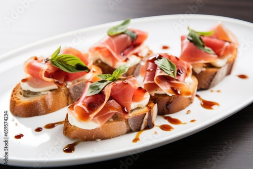 prosciutto bruschetta garnished with basil leaves on a white plate