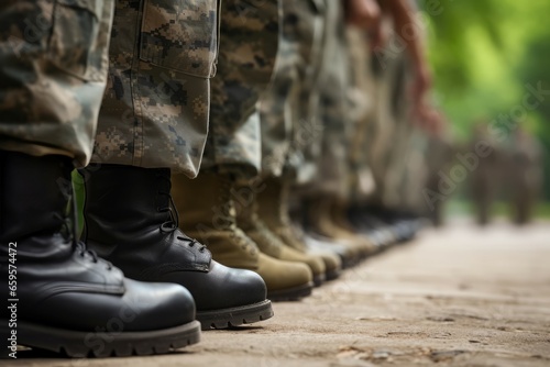 Soldiers legs boots. Army parade. Generate Ai photo