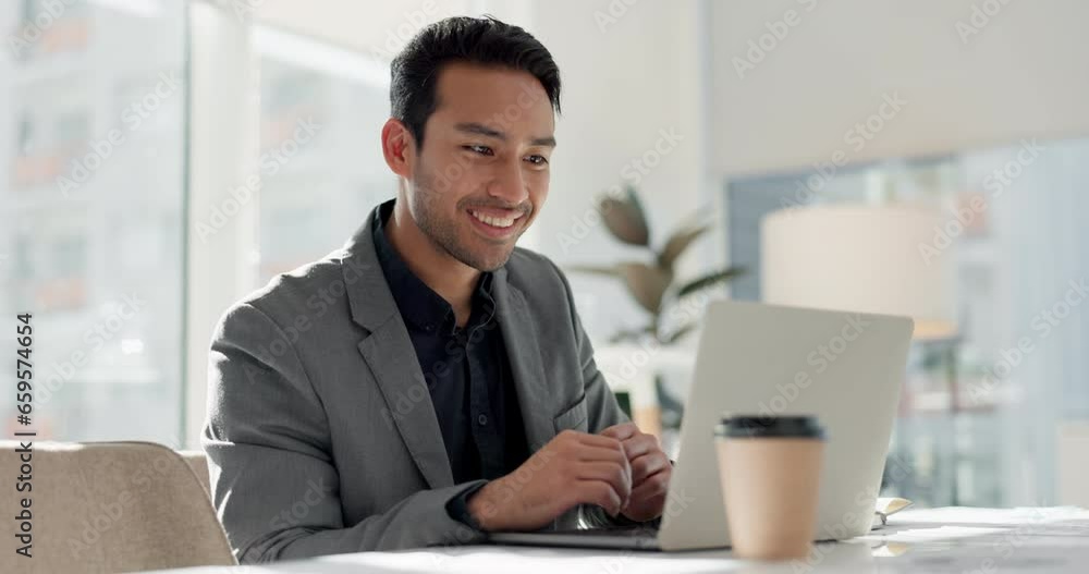 Businessman in office with laptop, market research and notes for social media review, business feedback or planning. Thinking, search and happy man networking online for startup, website and report. Businessman in office with laptop, market research and notes for social media review, business feedback or planning. Thinking, search and happy man networking online for startup, website and report.