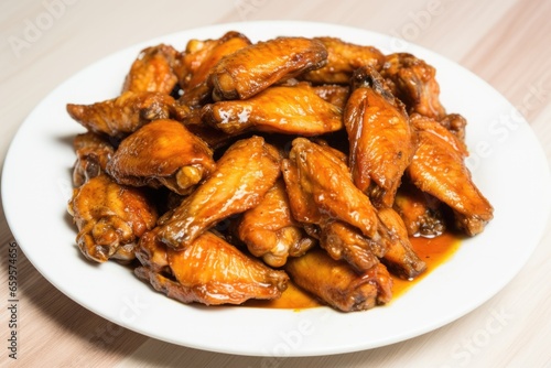 chicken wings in hot sauce on a white plate