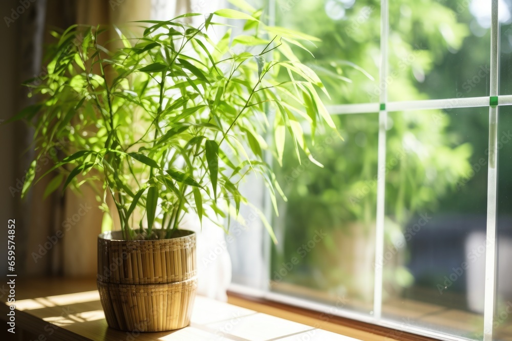 bamboo plant placed near a window with sunlight bamboo plant placed near a window with sunlight
