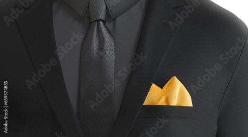 Blank yellow folded pocket square in black classic suit mockup photo
