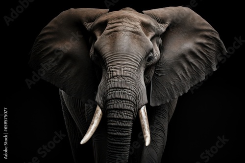 big elephant with tusks on black background