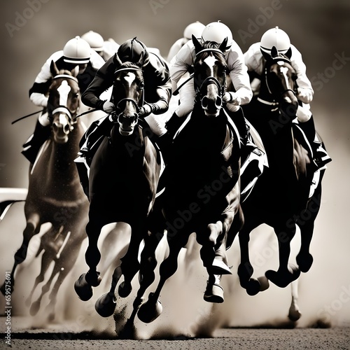 In the heart of the racetrack, a symphony of power and determination unfolds. A cavalcade of spirited black and white horses charges forward, their thunderous hooves pounding the earth in rhythmic uni photo