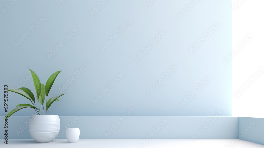 Light blue background with green flower in vase for product, business presentation, mockup template abstraction, backdrop Light blue background with green flower in vase for product, business presentation, mockup template abstraction, backdrop