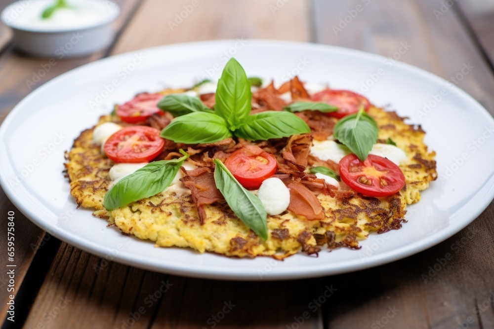 cauliflower pizza, whole, on a white plate cauliflower pizza, whole, on a white plate