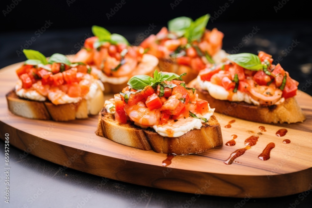 bruschetta with grilled shrimps skewered on top bruschetta with grilled shrimps skewered on top