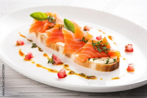 bruschetta topped with smoked salmon on a white ceramic plate