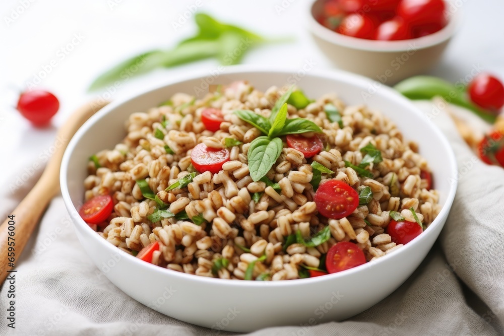 farro salad with cherry tomatoes on a white cloth farro salad with cherry tomatoes on a white cloth