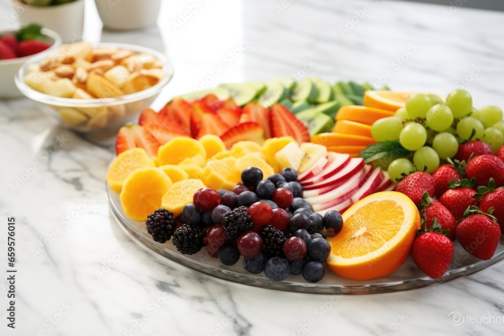 sliced fruits arranged as a salad on a marble countertop sliced fruits arranged as a salad on a marble countertop