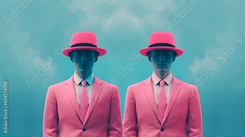 people men in pink suits against blue sky background photo