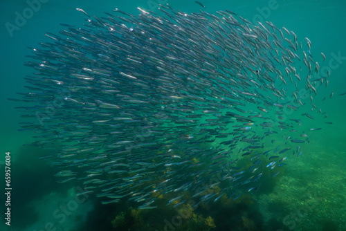 Anchovy fish school underwater in the Atlantic ocean, European anchovy Engraulis encrasicolus, natural scene, Spain, Galicia, Rias Baixas