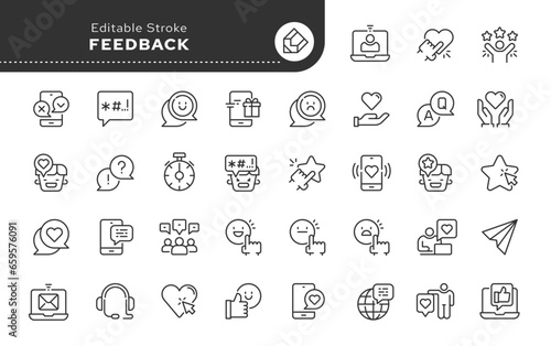 Feedback. Like, review and comment on Internet content. User opinion and survey. Line icon set. Web icons in linear style. Vector icon pack. 